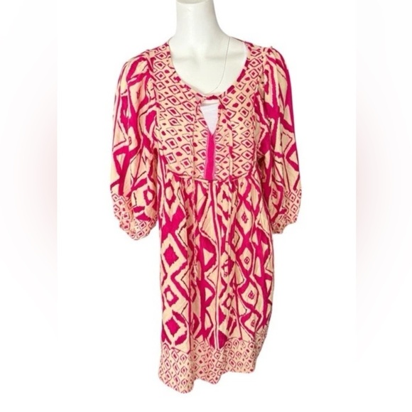 Qearal V Neck 3/4 Sleeve Boho Floral Printed Loose Short Summer Dress Size L - Picture 1 of 16